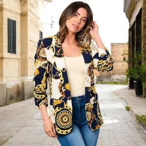 MEDUSA MODE LUXURY CHAIN PRINT RUCHED SLEEVES BLAZER
